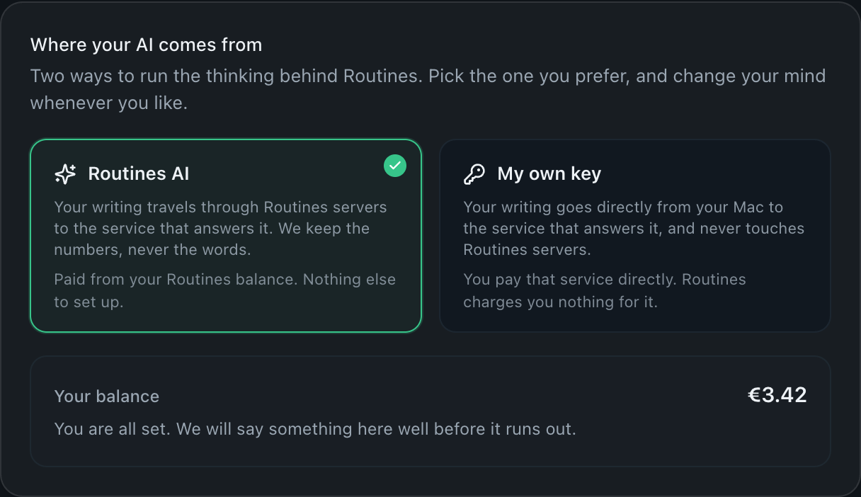 The same Routines settings panel in dark mode, with Routines AI selected beside the "My own key" option.