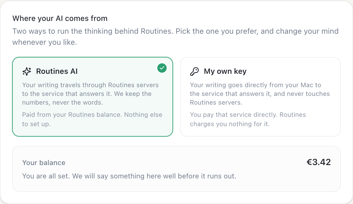 The Routines settings panel titled "Where your AI comes from", with Routines AI selected beside the "My own key" option and the account balance underneath.