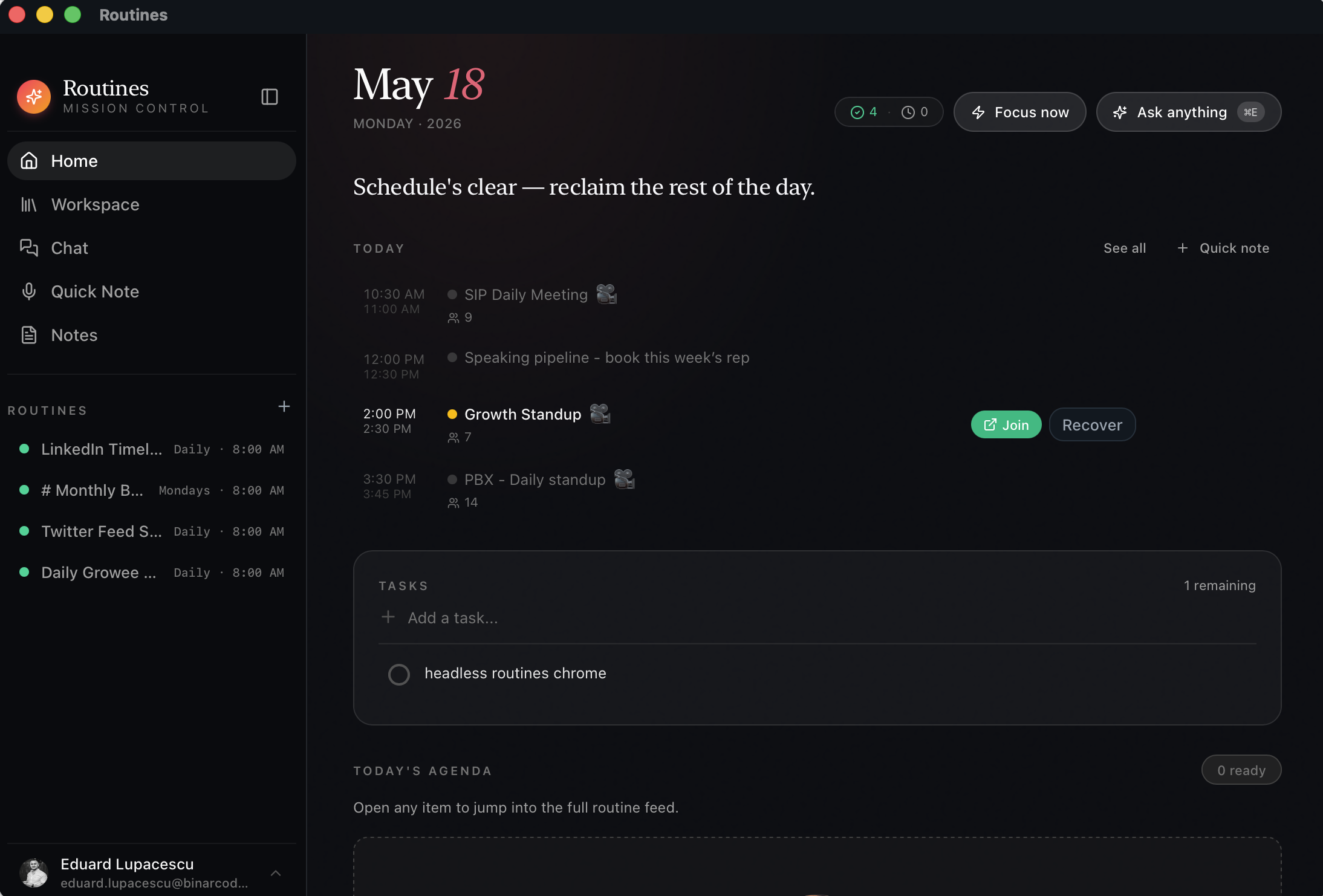 Routines app on macOS showing the Mission Control dashboard