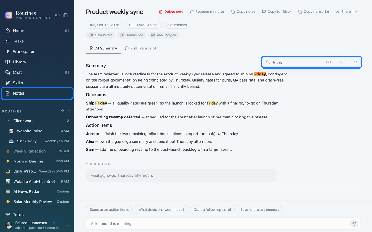 Searching a meeting note for a word, with every match highlighted