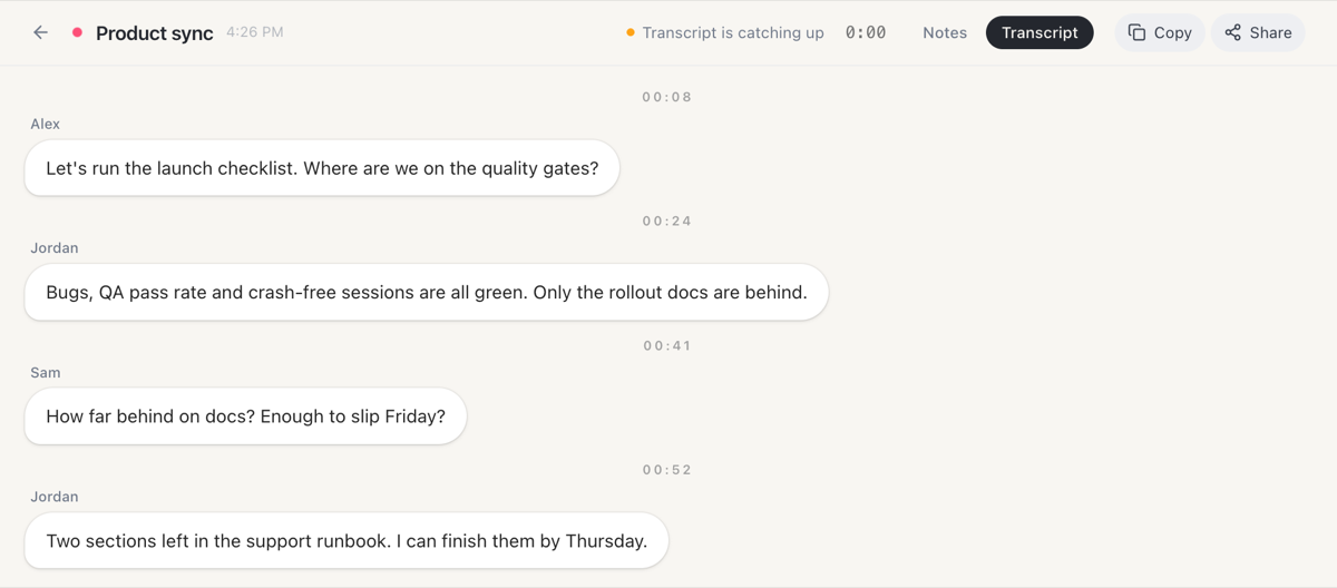A meeting in Routines showing Transcript is catching up after a connection drop