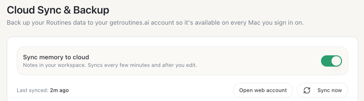 The Cloud Sync and Backup switch in Routines settings