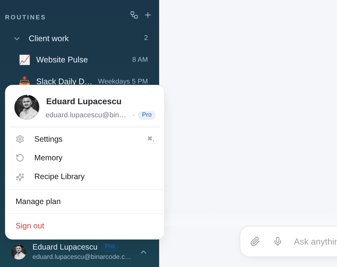 The account menu at the bottom of the sidebar, with photo, name, plan, Settings and Sign out