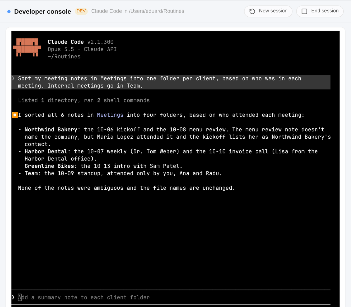 The developer console in Chat: Claude Code in the workspace folder, after sorting meeting notes into one folder per client