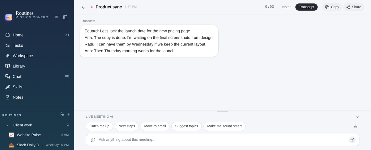 A meeting being recorded in Routines, with the quick prompts above the meeting chat box