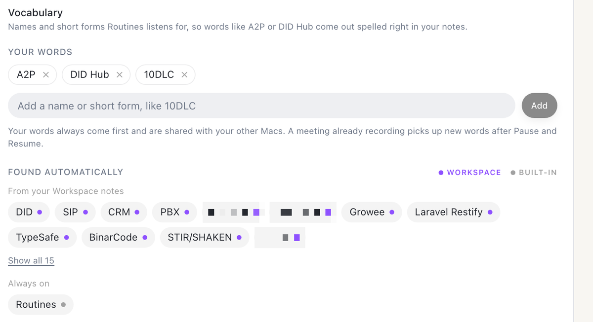 The Vocabulary section in Settings, with your own words and words found in your notes