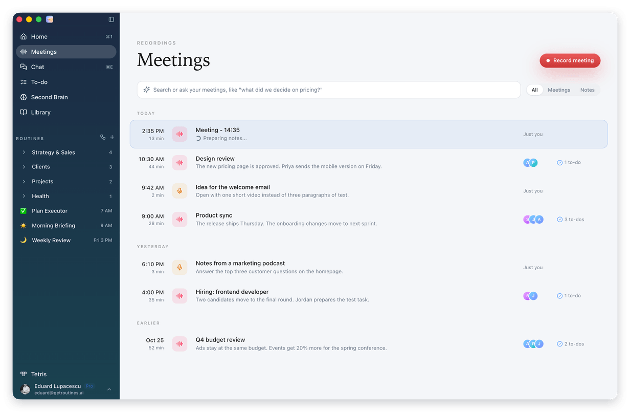 The Routines window on Meetings right after Stop: the new meeting is highlighted at the top of Today with Preparing notes, above the meetings from earlier today