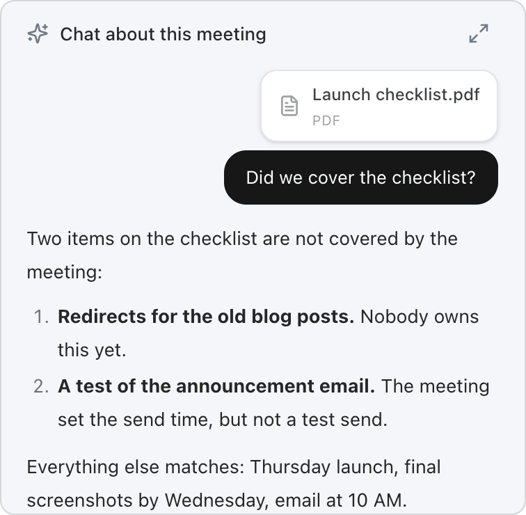Close up of Chat about this meeting: Launch checklist.pdf attached to the question Did we cover the checklist?, and the answer below it