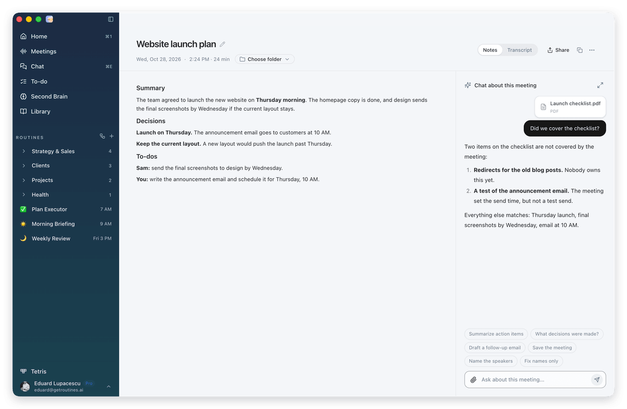 The Routines window with a finished meeting: the notes in the middle and, on the right, Chat about this meeting with a PDF attached and its answer