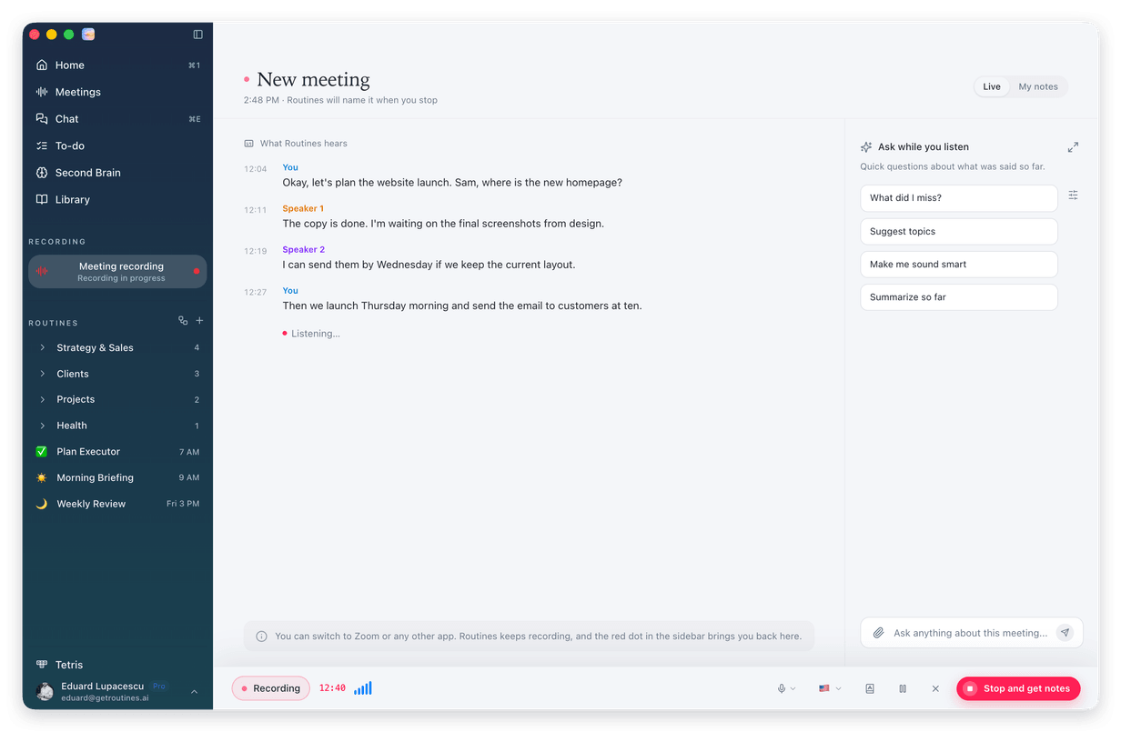 The Routines window during a meeting: the left menu with Meeting recording under Recording, the words Routines hears in the middle, Ask while you listen on the right, and the recording bar with Stop and get notes at the bottom