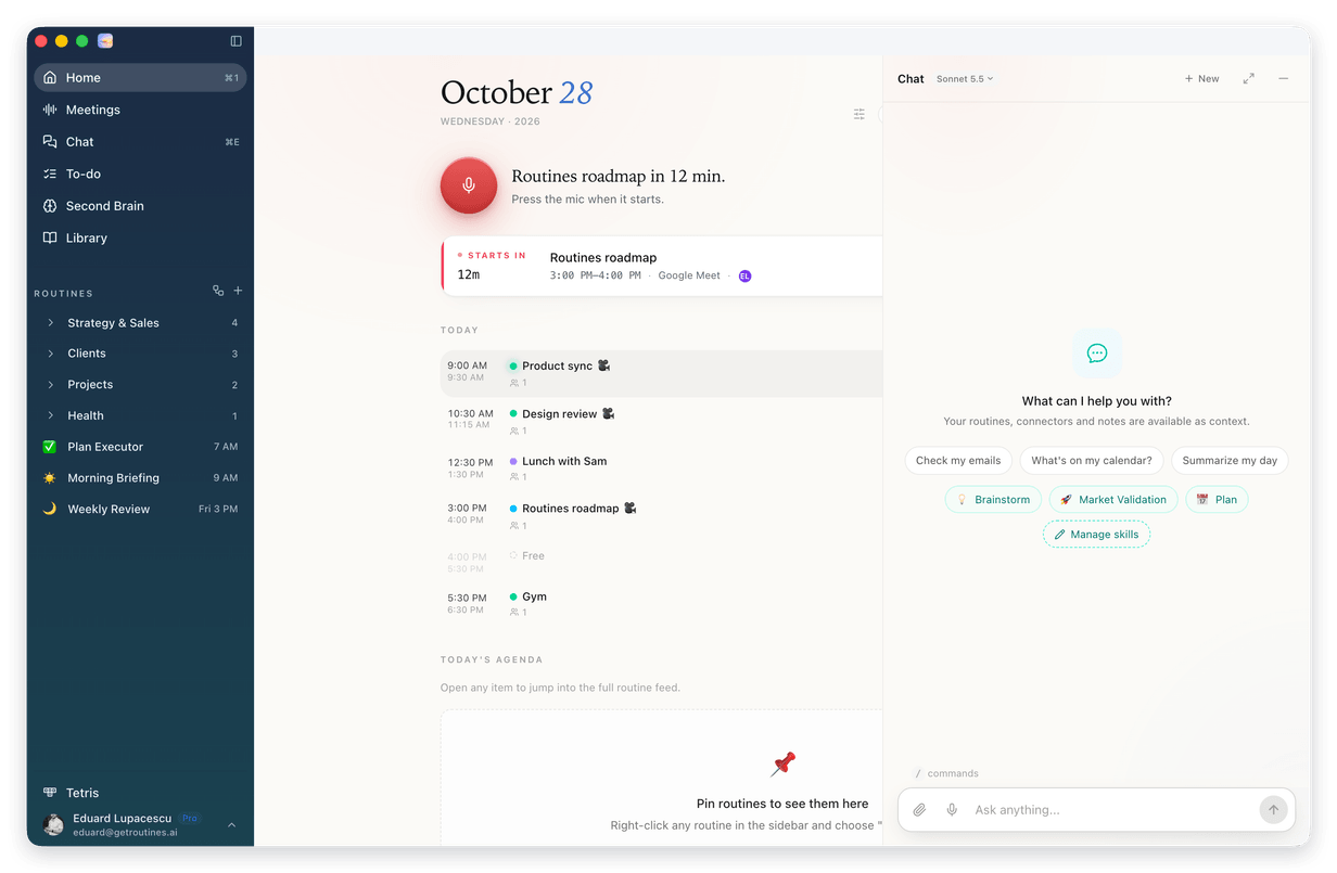 The Routines window with Chat open on the right: Check my emails, What's on my calendar? and Summarize my day, the skills Brainstorm, Market Validation and Plan, and Manage skills under them