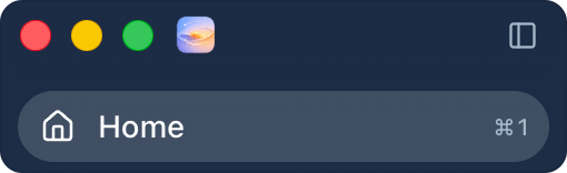 Close up of the top of the left menu: the three window buttons, the Routines logo and the sidebar button on one row, with Home under it