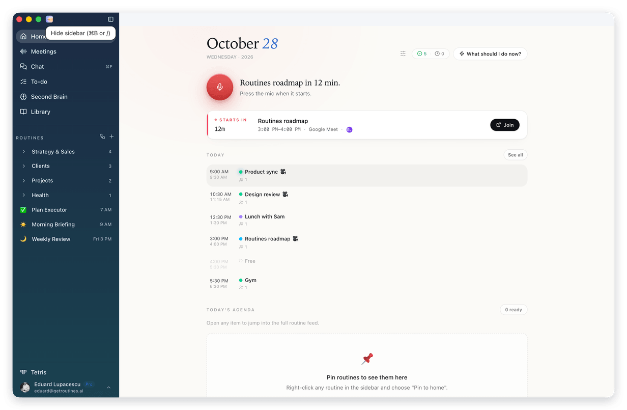 The Routines window on Home, with the pointer on the sidebar button at the top of the left menu and its tooltip Hide sidebar (⌘B or /)