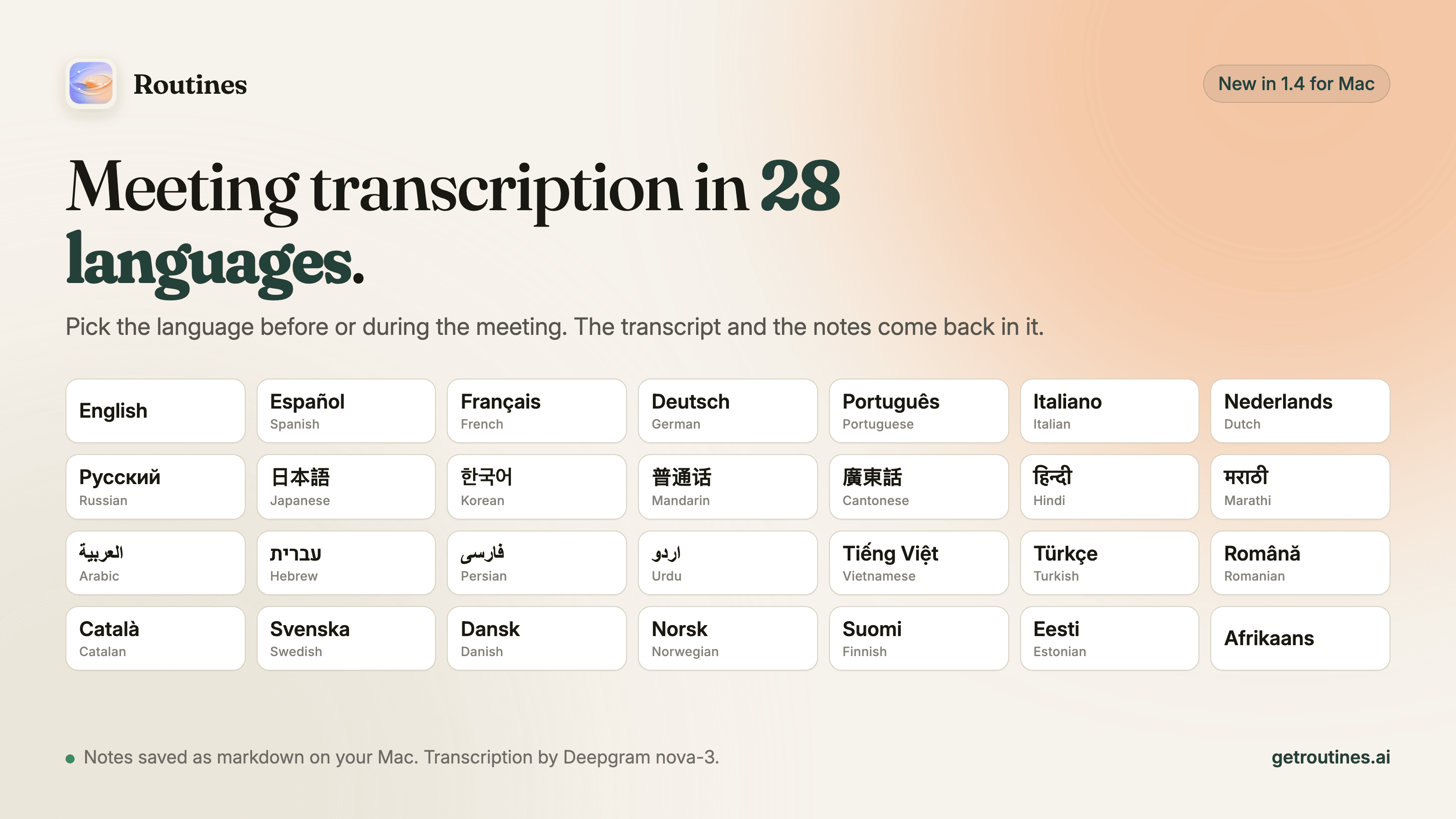 A card headed Meeting transcription in 28 languages, with the subline Pick the language before or during the meeting. The transcript and the notes come back in it. Below it a grid of 28 language tiles runs from English to Afrikaans, a pill reads New in 1.4 for Mac, and the footer line reads Notes saved as markdown on your Mac. Transcription by Deepgram nova-3.