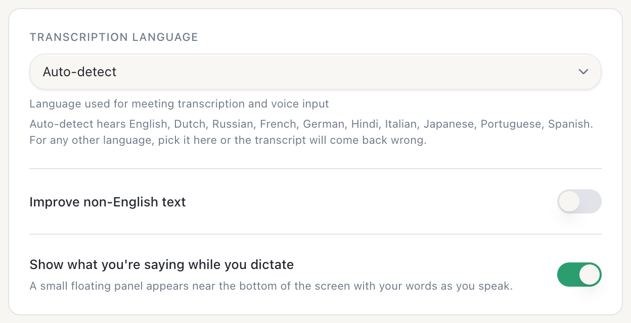 The Routines settings panel showing a Transcription language picker set to Auto-detect, with helper text reading Language used for meeting transcription and voice input, then a line saying Auto-detect hears English, Dutch, Russian, French, German, Hindi, Italian, Japanese, Portuguese, Spanish. For any other language, pick it here or the transcript will come back wrong. Below are an Improve non-English text toggle turned off and a Show what you're saying while you dictate toggle turned on