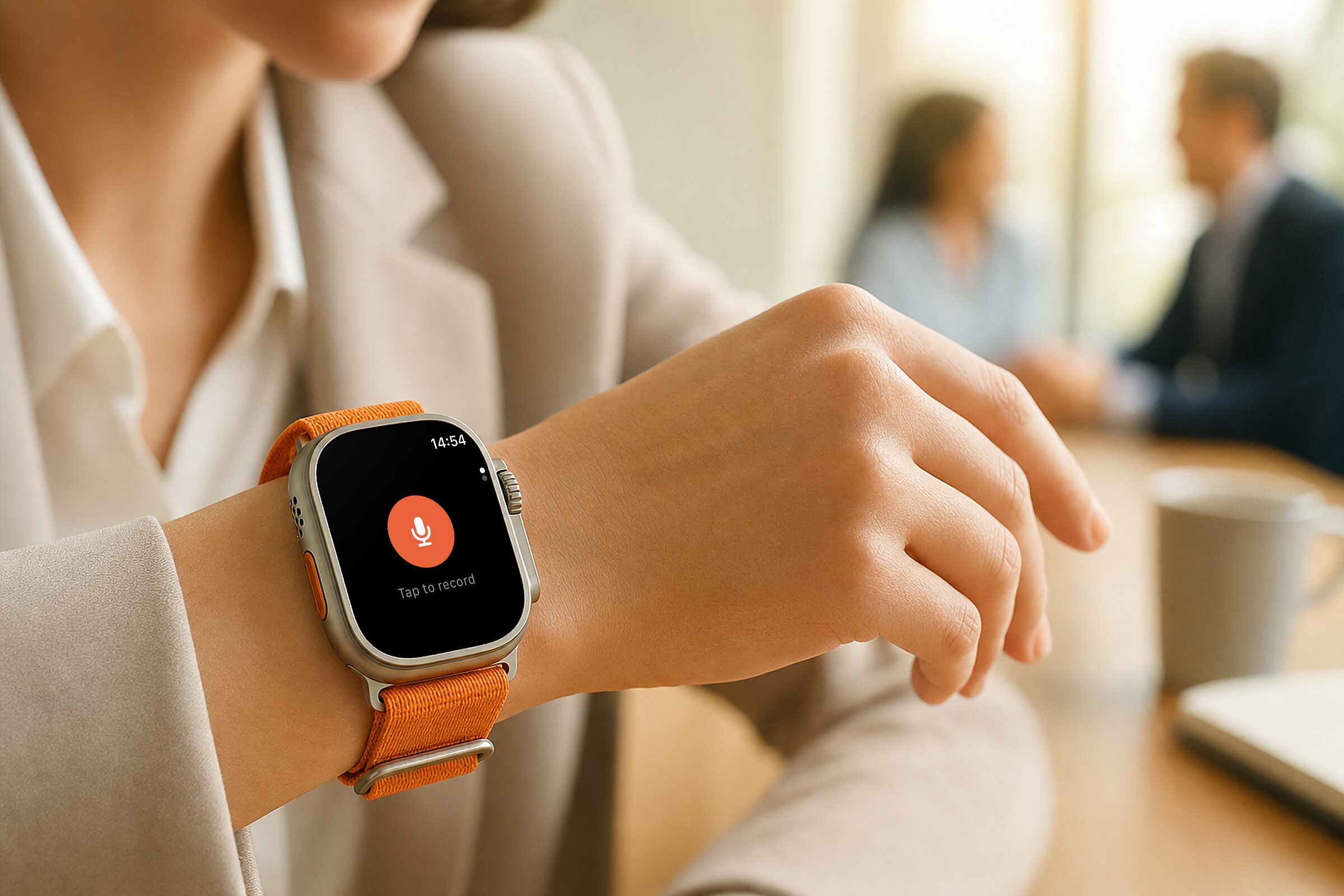 ‏Routines על Apple Watch במצב מנוחה: עיגול כתום גדול עם סמל מיקרופון, הכיתוב Tap to record מתחתיו, והשעה 14:54 בפינה, על Apple Watch Ultra על פרק ידה של אישה בפגישה.