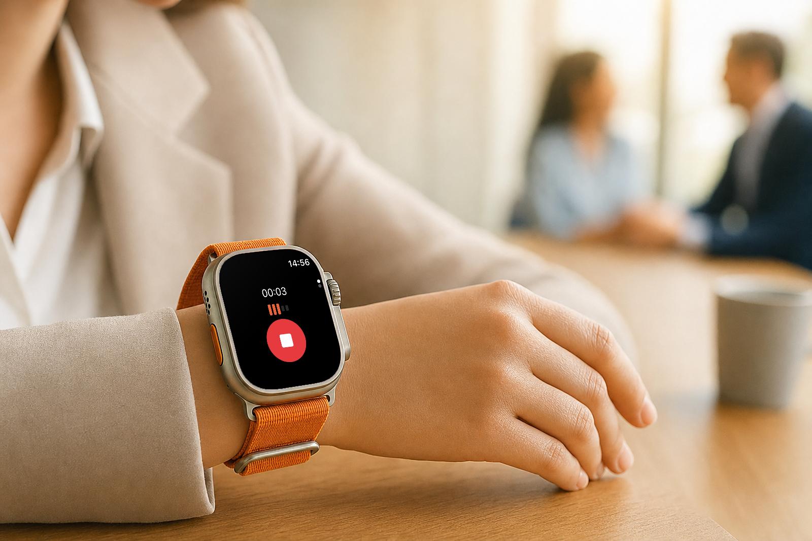 ‏Routines מקליטה על Apple Watch: שעון עצר שמראה 00:03, חמישה פסי עוצמה שמתוכם שלושה דולקים בכתום, וכפתור עצירה אדום מתחתיהם, על Apple Watch Ultra על פרק ידה של אישה בפגישה.