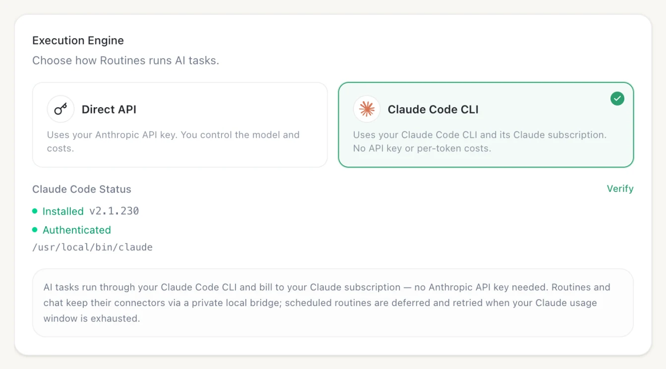הכרטיס Execution Engine בהגדרות של Routines, עם Claude Code CLI בחור במקום Direct API, סטטוס Claude Code שמראה שהוא מותקן ומחובר, והערה שהמשימות מחויבות במסגרת מנוי Claude