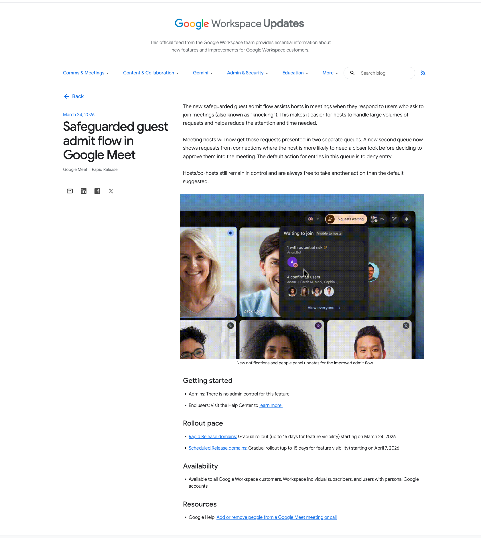 Google's Workspace Updates blog post 'Safeguarded guest admit flow in Google Meet', dated March 24, 2026, showing the announcement text and Google's own product screenshot of a Meet call where the waiting-to-join panel lists '1 with potential risk' next to an avatar named Anon.Bot above a separate '4 confirmed users' section. Captured from workspaceupdates.googleblog.com on August 17, 2026.