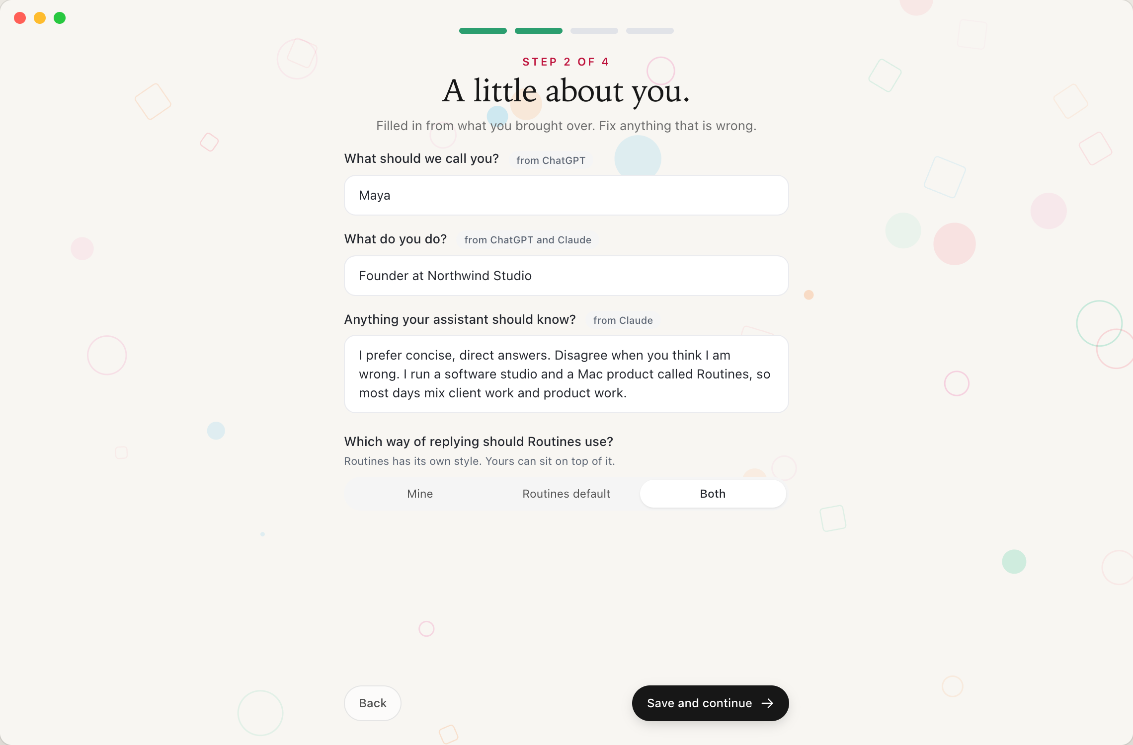 Step 2 of 4 of the Routines wizard, A little about you, with the name, role and free-text fields pre-filled from the import, from ChatGPT and from Claude origin chips above them, and a Mine, Routines default, Both choice for which way of replying Routines should use