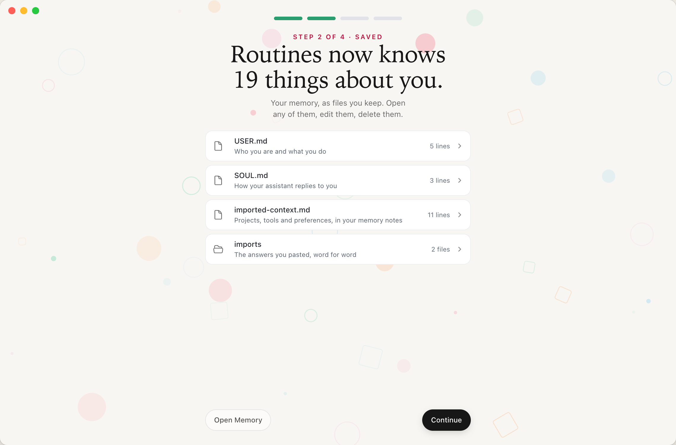 The Routines saved screen reading Routines now knows 19 things about you, listing the files it wrote: USER.md with 5 lines, SOUL.md with 3 lines, imported-context.md with 11 lines, and an imports folder holding 2 files
