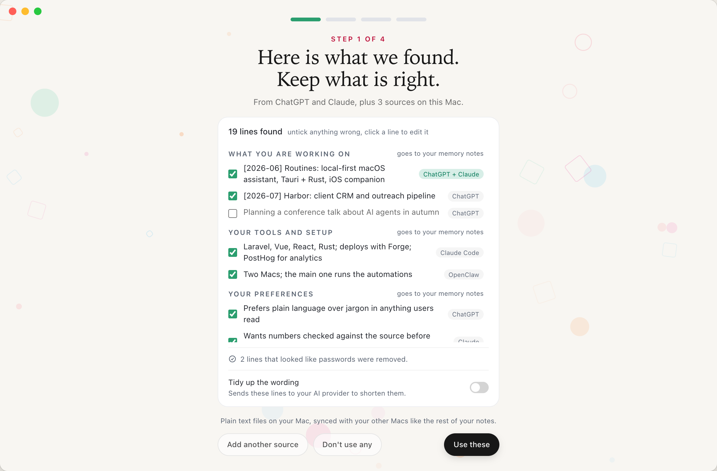 The Routines review screen scrolled down to the What you are working on and Your tools and setup groups, with the notice that 2 lines that looked like passwords were removed, the Tidy up the wording switch turned off, and the Use these button
