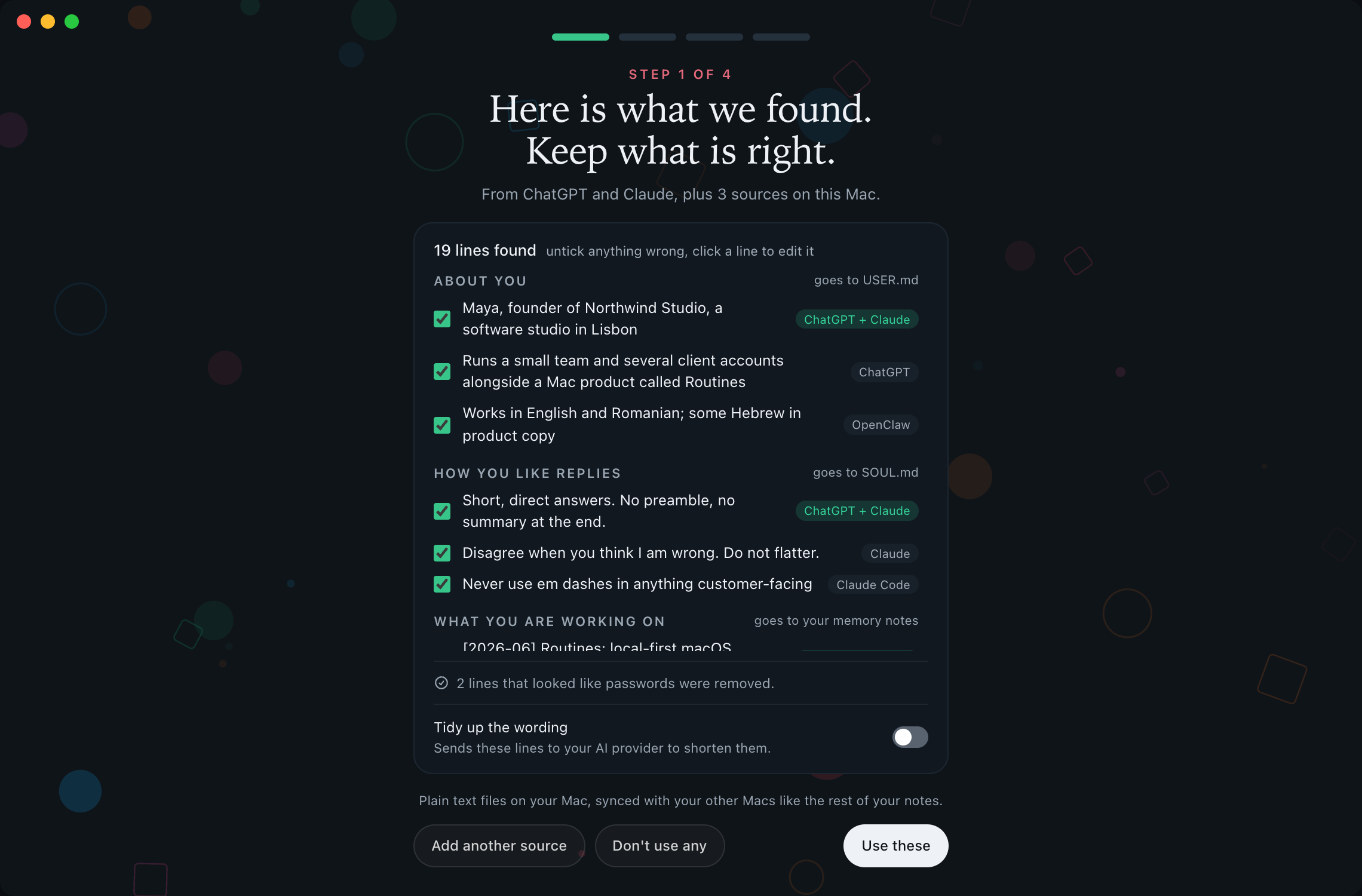 The Routines review screen in dark mode, with merged lines from ChatGPT, Claude and OpenClaw, source badges, the removed-passwords notice and the Tidy up the wording switch