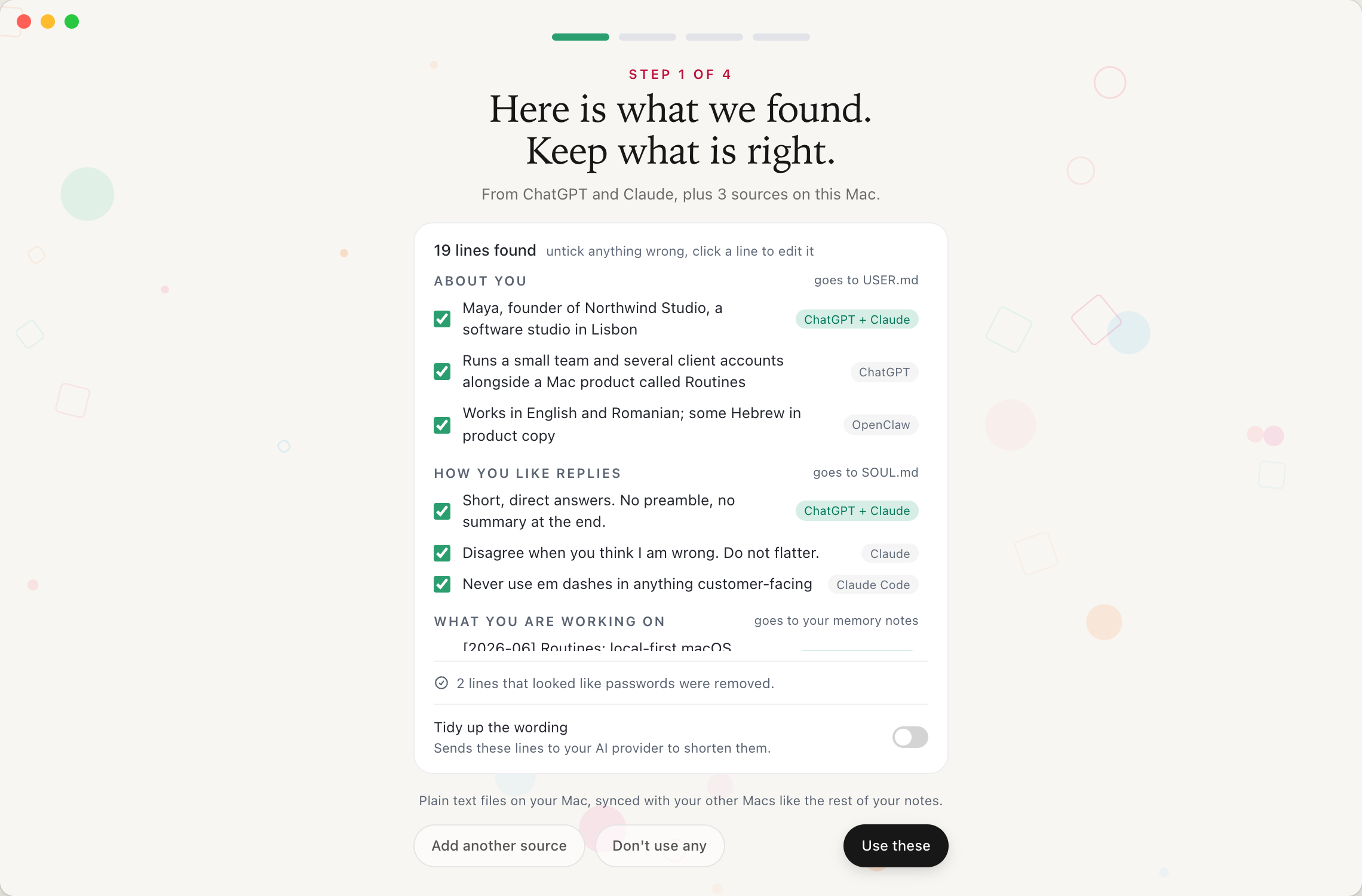 ChatGPT memory transferred into Routines: the review screen, Here is what we found. Keep what is right, showing 19 lines found from ChatGPT, Claude and OpenClaw grouped under About you, goes to USER.md, and How you like replies, goes to SOUL.md, each line badged with its source