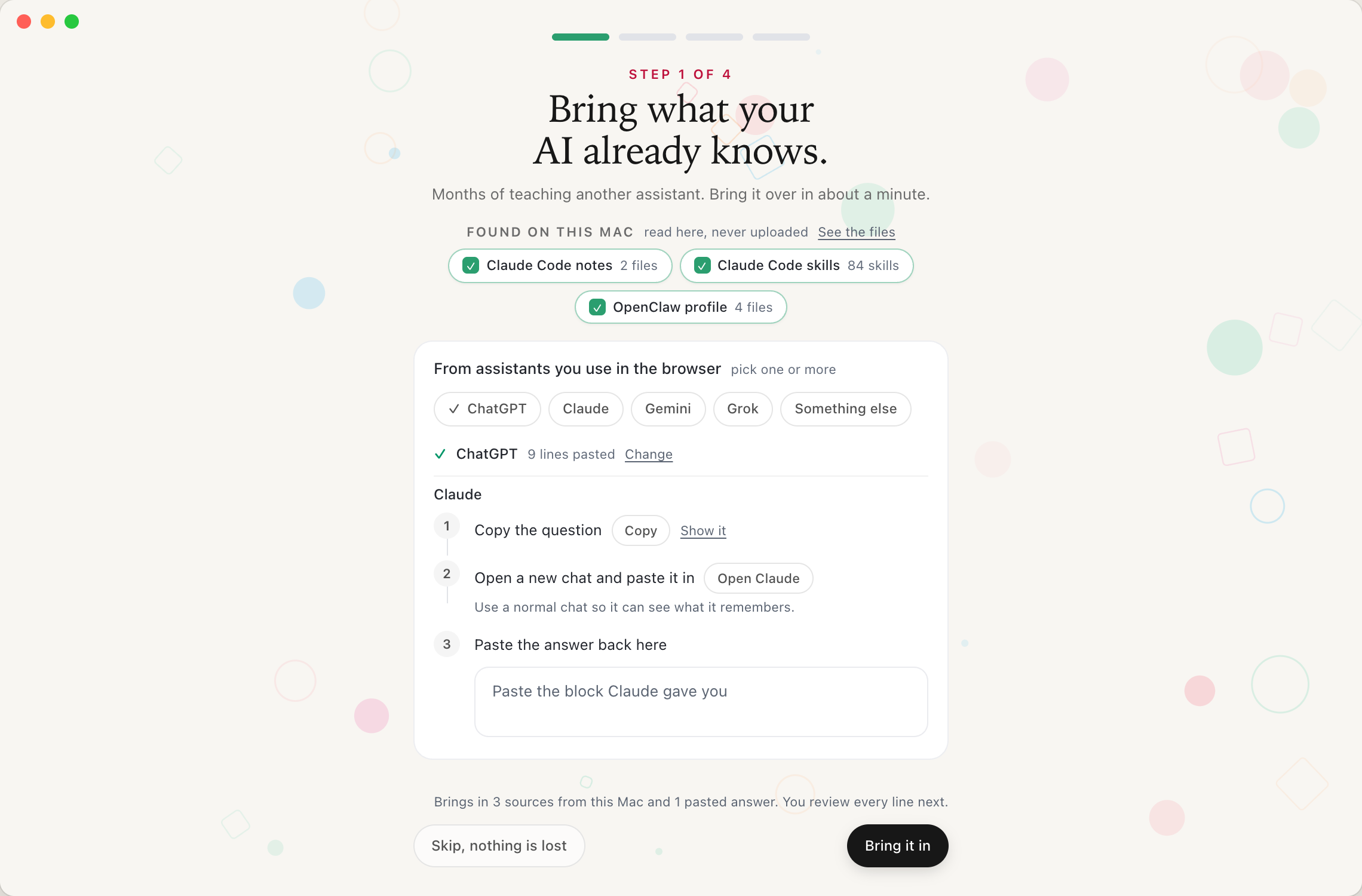Step 1 of the Routines wizard with two browser assistants picked. The ChatGPT lane is collapsed to a green check reading 9 lines pasted, the Claude lane is open at Copy the question, and the line under the card reads Brings in 3 sources from this Mac and 1 pasted answer