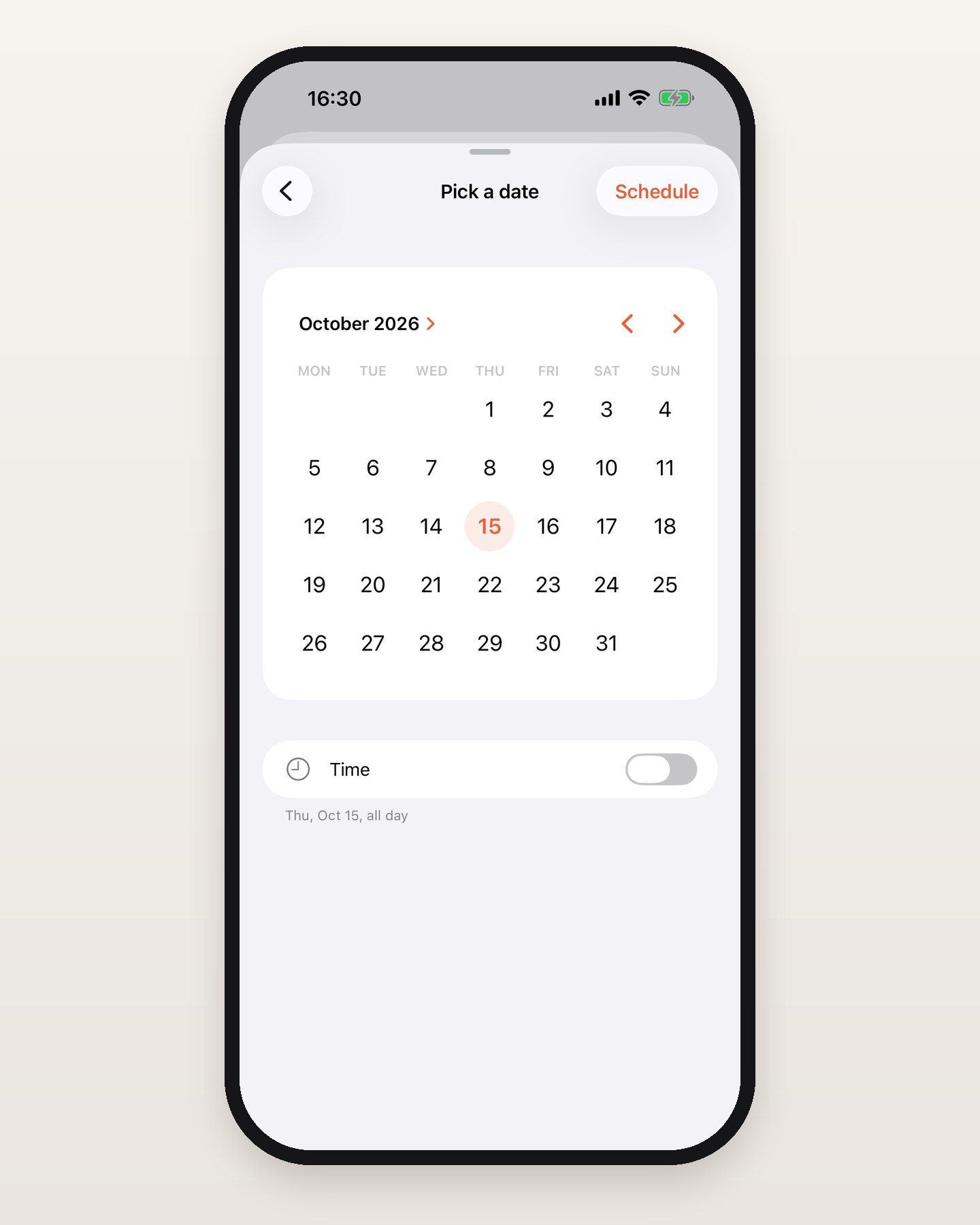 מסך Pick a date ב-Routines ל-iPhone: לוח שנה חודשי עם 15 באוקטובר מסומן, מתג Time כבוי, השורה Thu, Oct 15, all day, וכפתור Schedule בפינה העליונה.