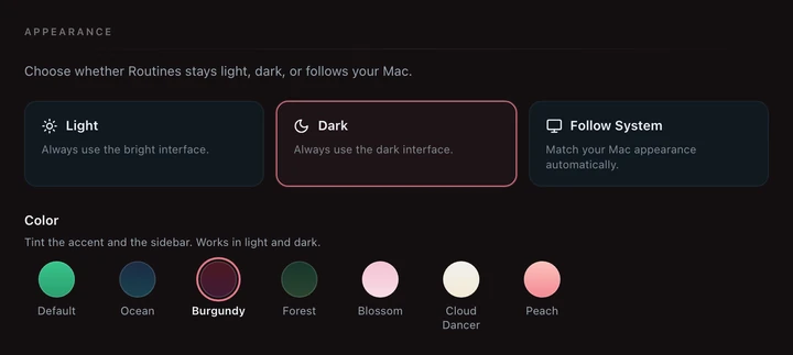 The same Appearance section in dark mode