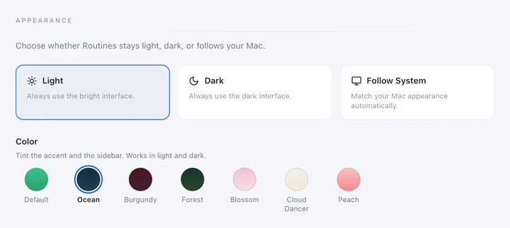 The Appearance section of Routines settings in light mode: Light, Dark and Follow System cards above a row of seven color swatches