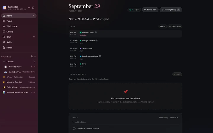 Routines home screen in Blossom, dark mode