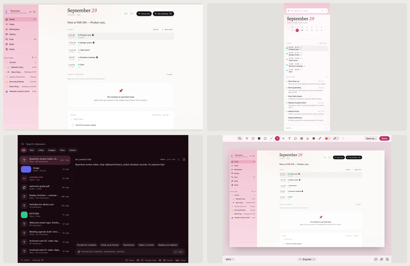 Four Routines surfaces in Blossom: the main window, the menu bar popover, the clipboard history panel and the screenshot editor