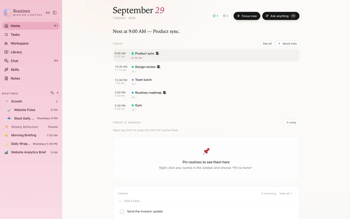 Routines home screen in Blossom, light mode, with a soft pink sidebar