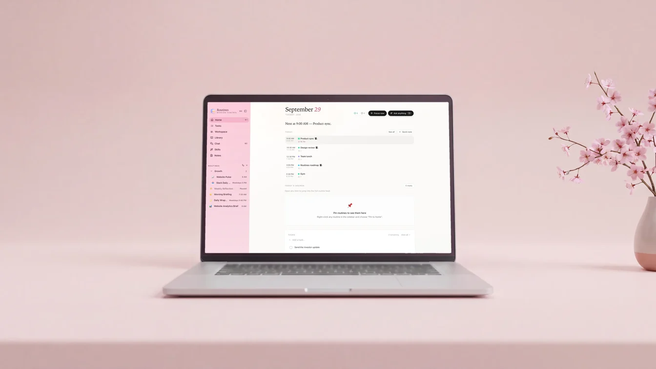 A laptop on a bright desk showing Routines in the Blossom theme, light mode