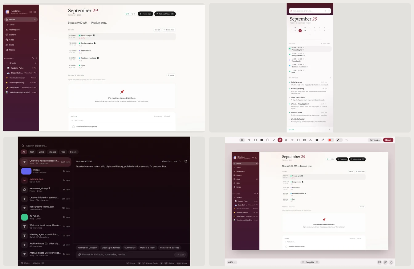 Four Routines surfaces in Burgundy: the main window, the menu bar popover, the clipboard history panel and the screenshot editor