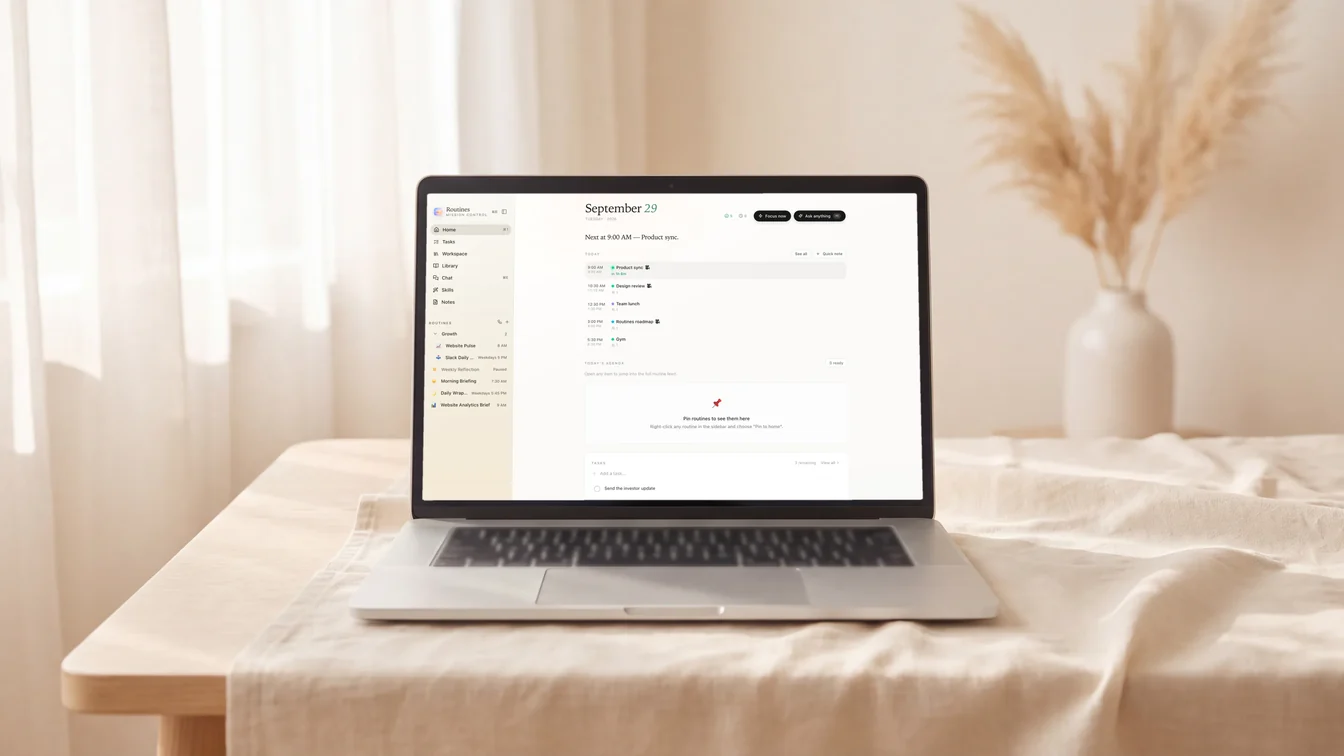 A laptop on a desk showing Routines in the Cloud Dancer theme, light mode