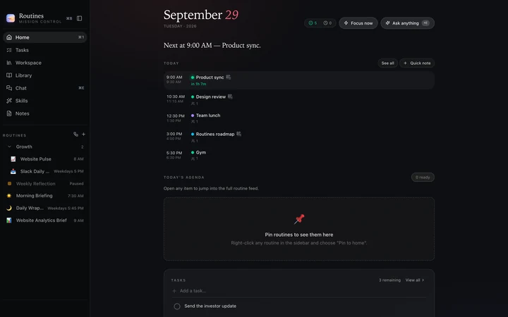 Routines home screen in the Default theme, dark mode