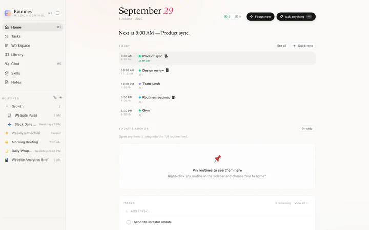 Routines home screen in the Default theme, light mode, with a paper white sidebar