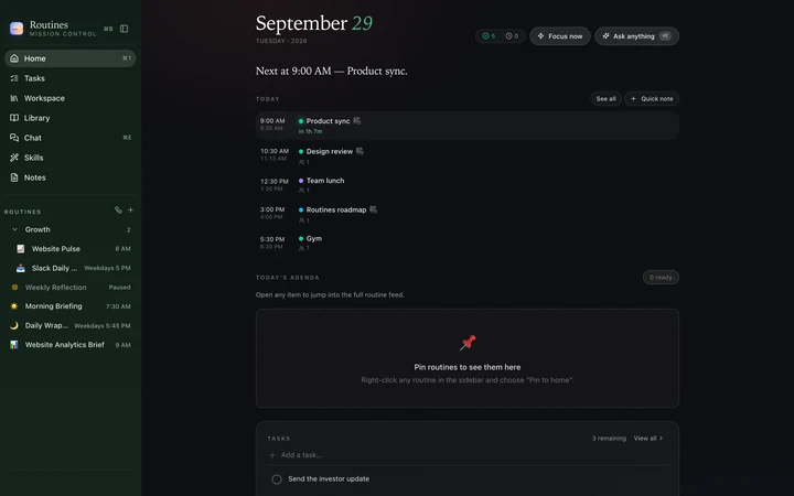 Routines home screen in Forest, dark mode