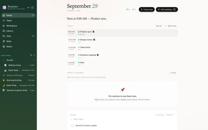 Routines home screen in Forest, light mode, with a deep green sidebar