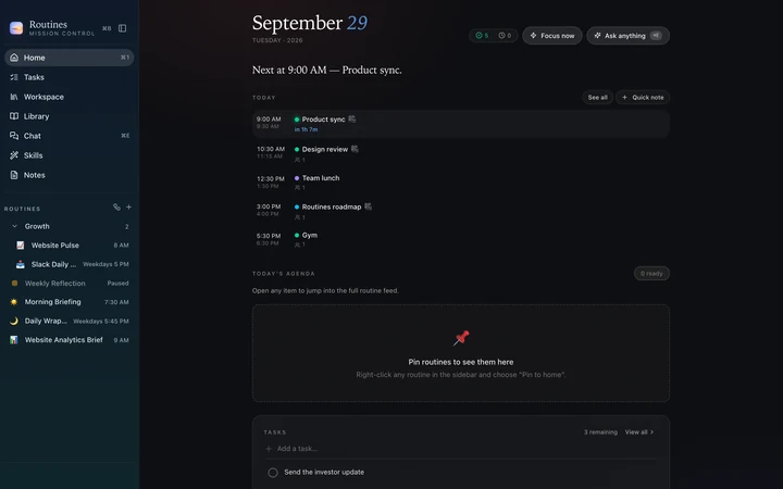 Routines home screen in Ocean, dark mode