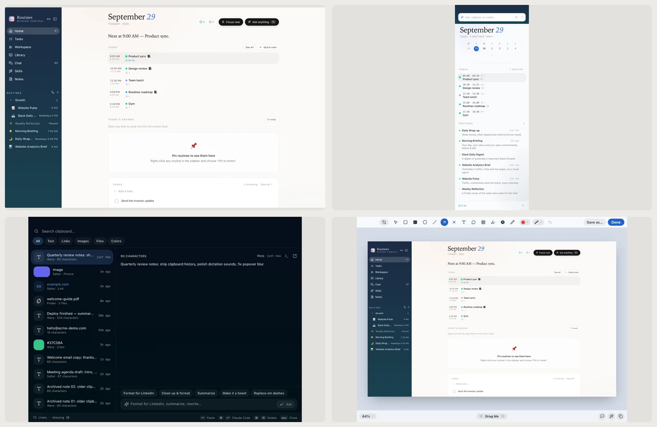 Four Routines surfaces in Ocean: the main window, the menu bar popover, the clipboard history panel and the screenshot editor