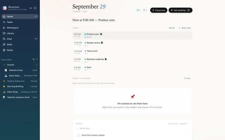 Routines home screen in Ocean, light mode, with a navy to teal sidebar