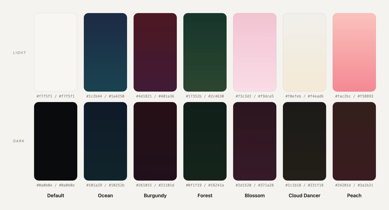 The seven Routines color themes as sidebar swatches, light on the top row and dark below: Default, Ocean, Burgundy, Forest, Blossom, Cloud Dancer and Peach