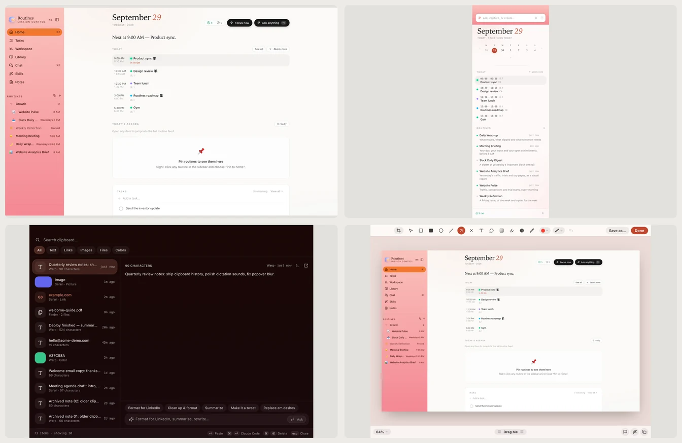 Four Routines surfaces in Peach: the main window, the menu bar popover, the clipboard history panel and the screenshot editor