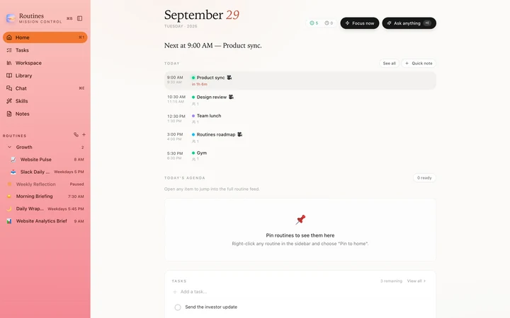 Routines home screen in Peach, light mode, with a coral sidebar