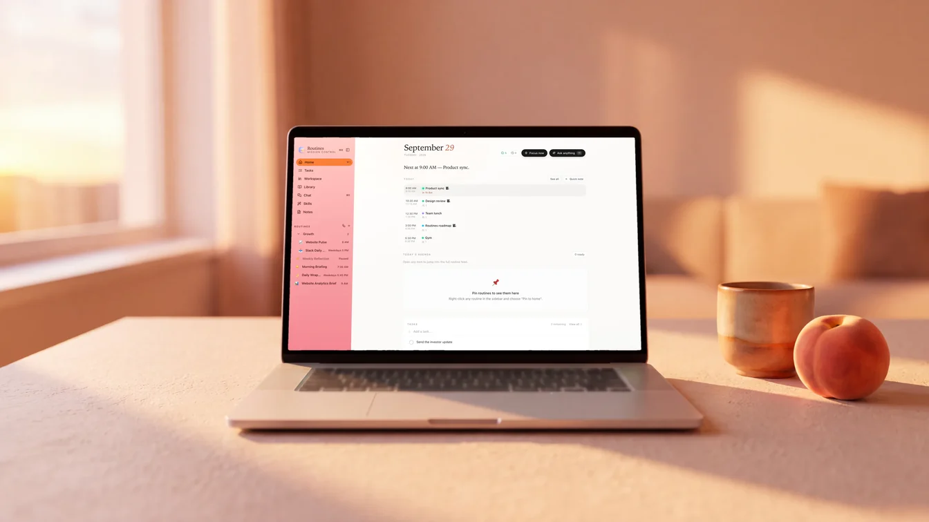 A laptop on a desk showing Routines in the Peach theme, light mode