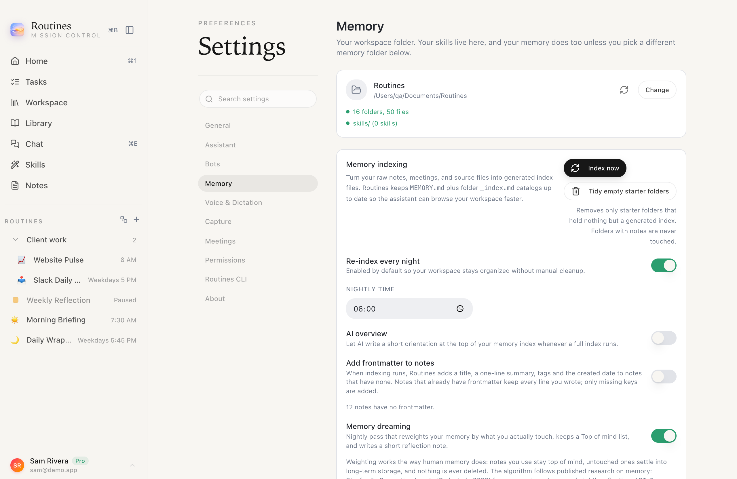 The Routines Settings Memory pane showing the memory folder card with its path and a Change button, next to the Index now and Tidy empty starter folders buttons and the nightly indexing toggles.